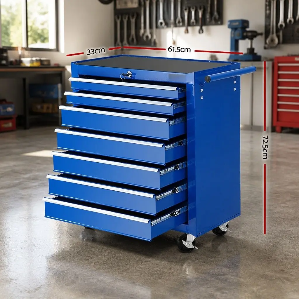 7 Drawer Tool Cabinet Chest Trolley Storage Organizer Blue