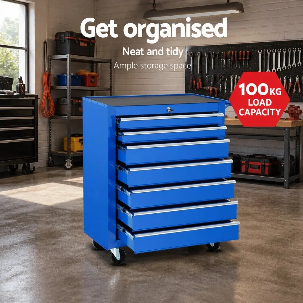 7 Drawer Tool Cabinet Chest Trolley Storage Organizer Blue