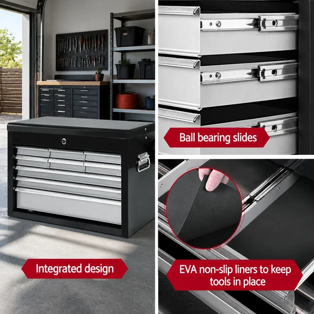 Tool Cabinet 9 Drawer Storage Organizer Steel Black Grey 60cm W x 26cm D x 38cm H