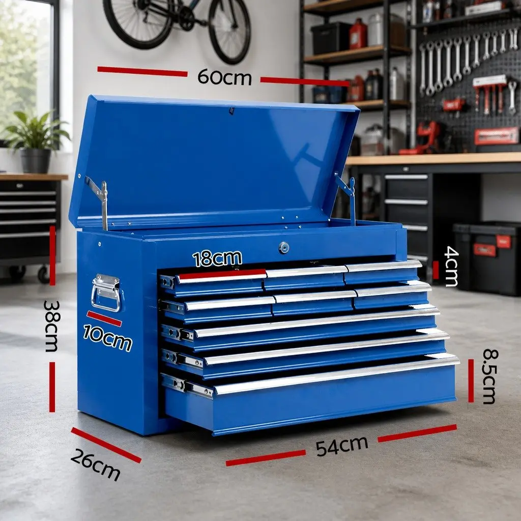 Tool Cabinet Multi-Drawer Storage Organizer 9 Drawer Blue Steel 60cm W x 26cm D x 38cm H