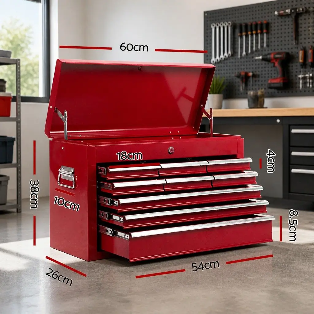 Tool Cabinet 9 Drawer Storage Organizer Red Steel 60cm W x 26cm D x 38cm H