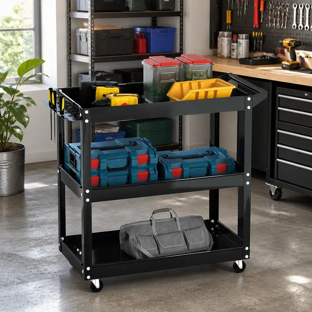 3-Tier Tool Cart Trolley Workshop Garage Storage Organizer with Lockable Wheels
