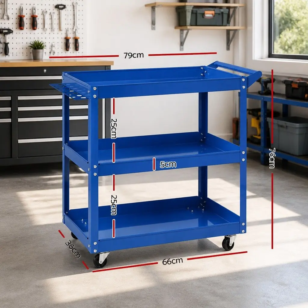 Tool Cart Trolley Mobile Storage Organizer 3-Tier Heavy-Duty Steel Blue