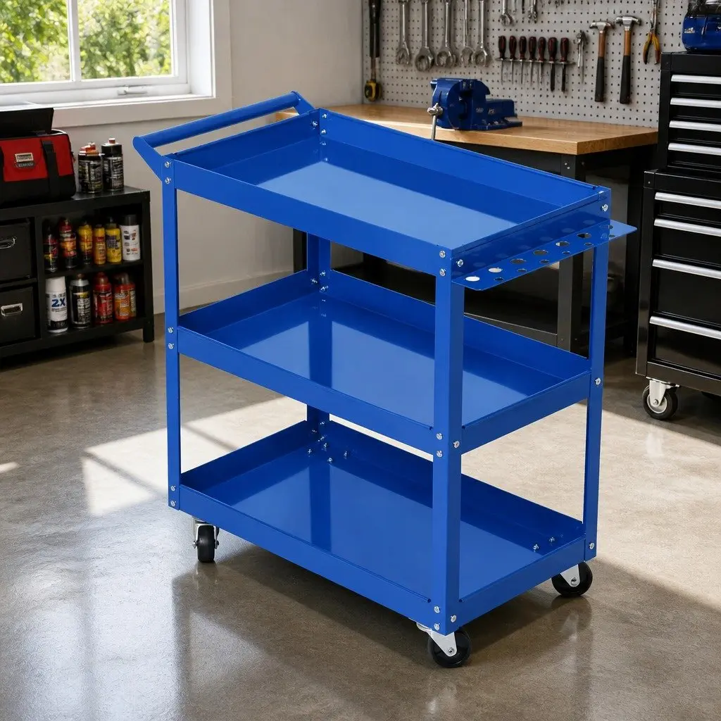 Tool Cart Trolley Mobile Storage Organizer 3-Tier Heavy-Duty Steel Blue