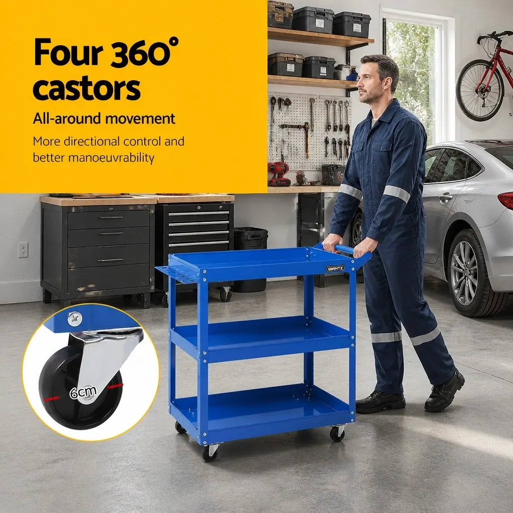 Tool Cart Trolley Mobile Storage Organizer 3-Tier Heavy-Duty Steel Blue