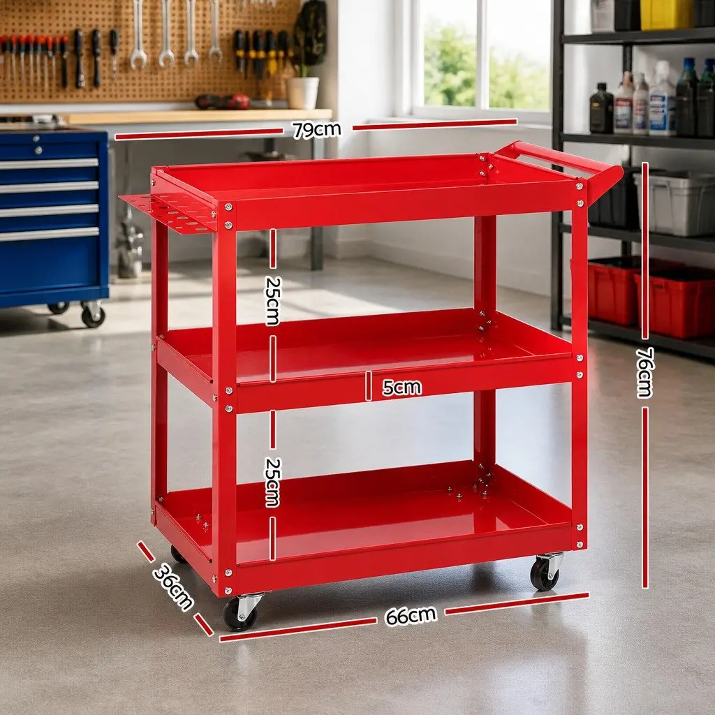 3-Tier Tool Cart Heavy-Duty Steel Construction Red 79cm L x 35.5cm W x 74cm H
