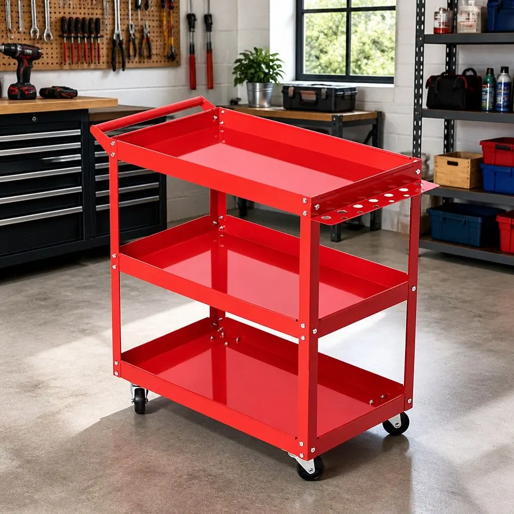 3-Tier Tool Cart Heavy-Duty Steel Construction Red 79cm L x 35.5cm W x 74cm H