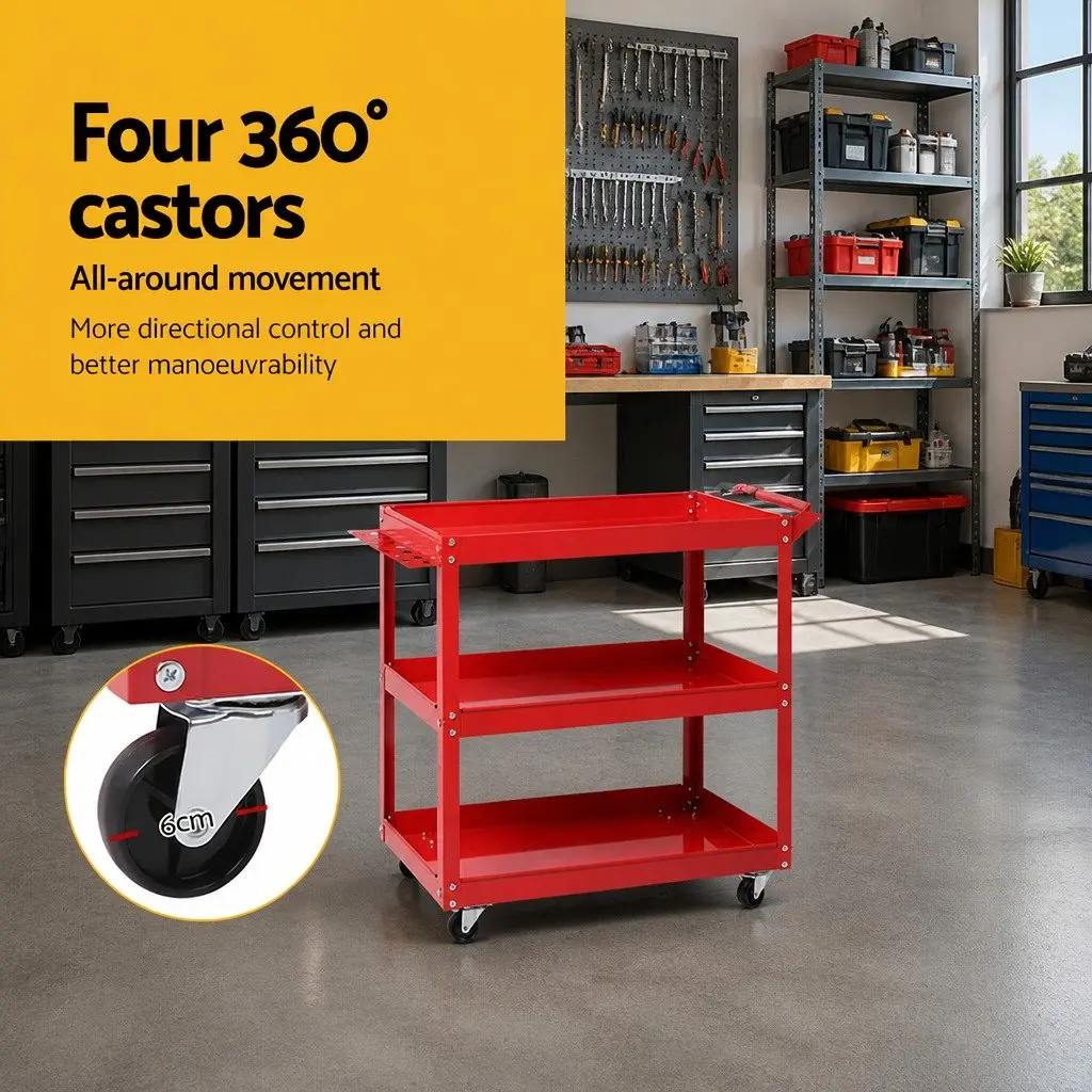 3-Tier Tool Cart Heavy-Duty Steel Construction Red 79cm L x 35.5cm W x 74cm H