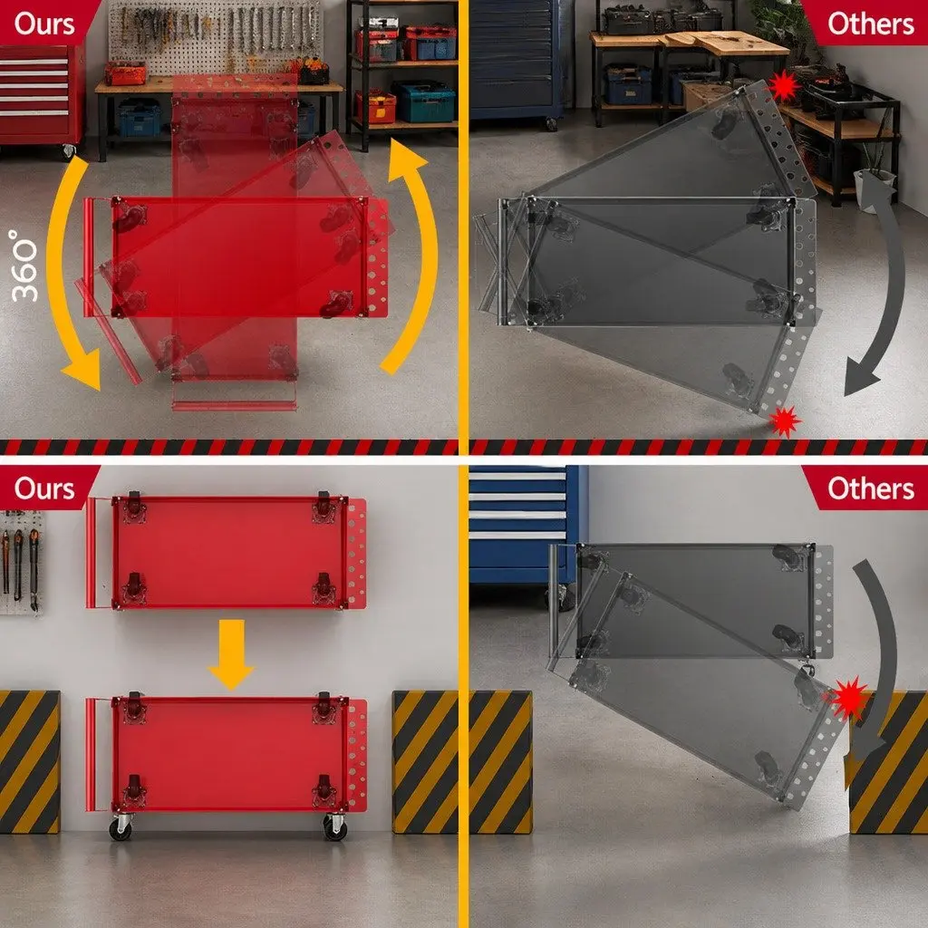 3-Tier Tool Cart Heavy-Duty Steel Construction Red 79cm L x 35.5cm W x 74cm H