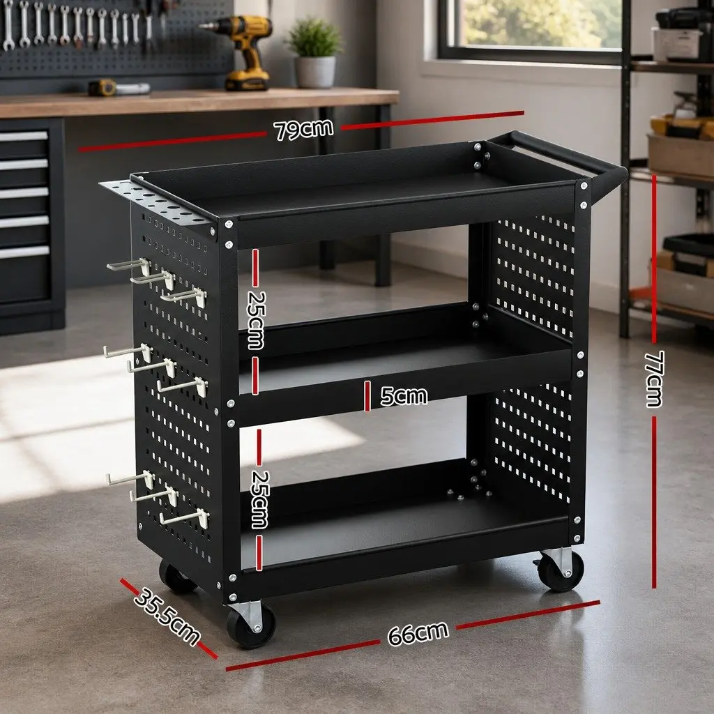 3-Tier Tool Cart Storage Trolley with Pegboard Hooks and Casters Black
