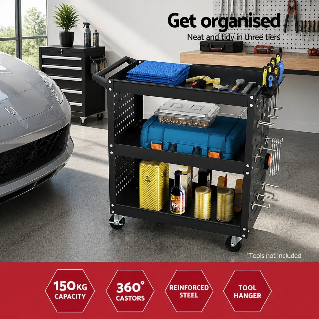3-Tier Tool Cart Storage Trolley with Pegboard Hooks and Casters Black