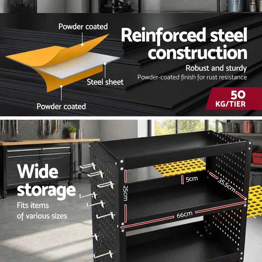 3-Tier Tool Cart Storage Trolley with Pegboard Hooks and Casters Black
