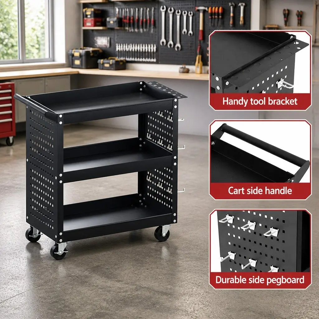 3-Tier Tool Cart Storage Trolley with Pegboard Hooks and Casters Black