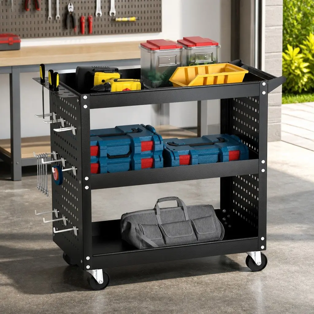 3-Tier Tool Cart Storage Trolley with Pegboard Hooks and Casters Black