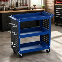 3-Tier Tool Cart Storage Trolley Workshop Garage Pegboard Hanging System Blue