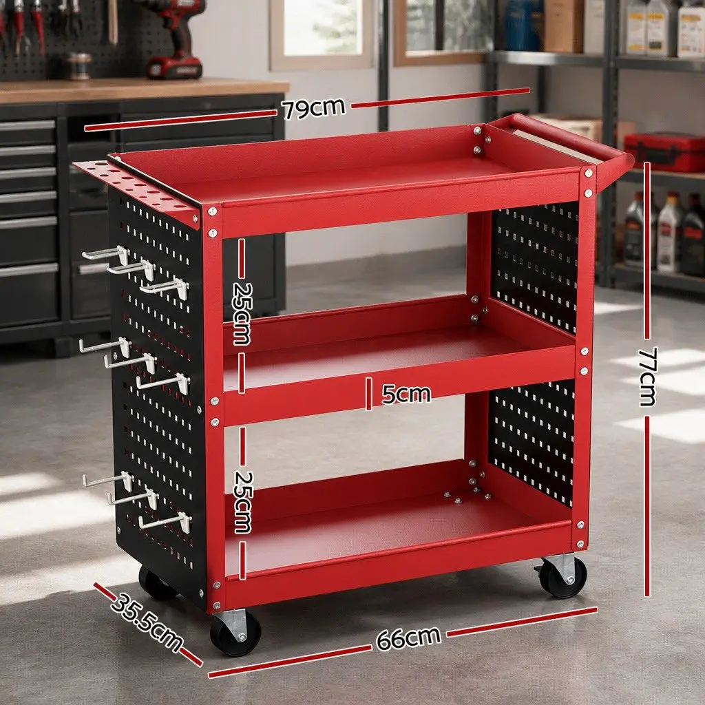 3-Tier Tool Cart Storage Trolley Workshop Garage Pegboard System Red Casters