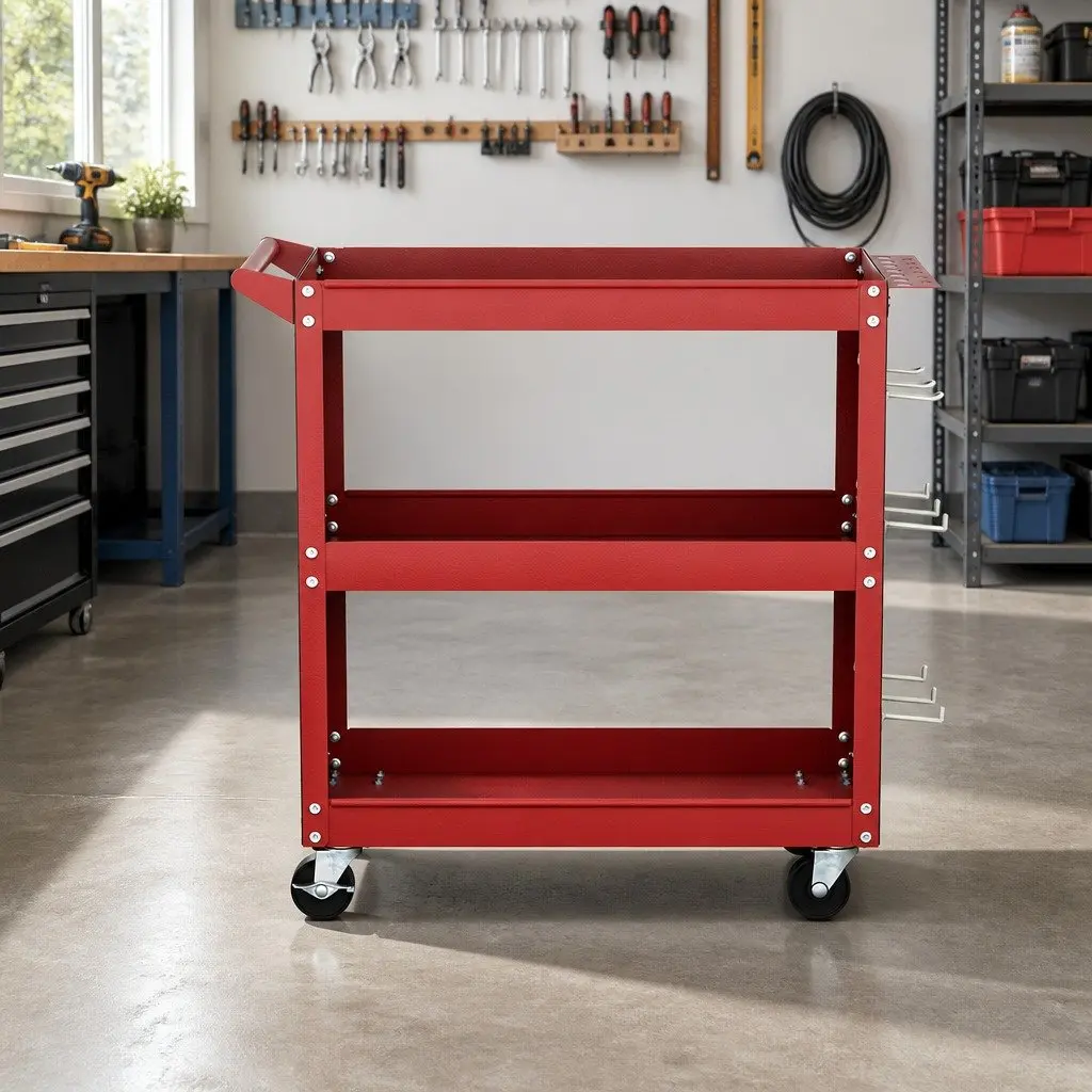 3-Tier Tool Cart Storage Trolley Workshop Garage Pegboard System Red Casters