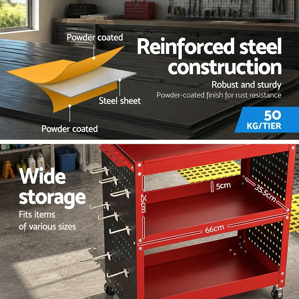 3-Tier Tool Cart Storage Trolley Workshop Garage Pegboard System Red Casters