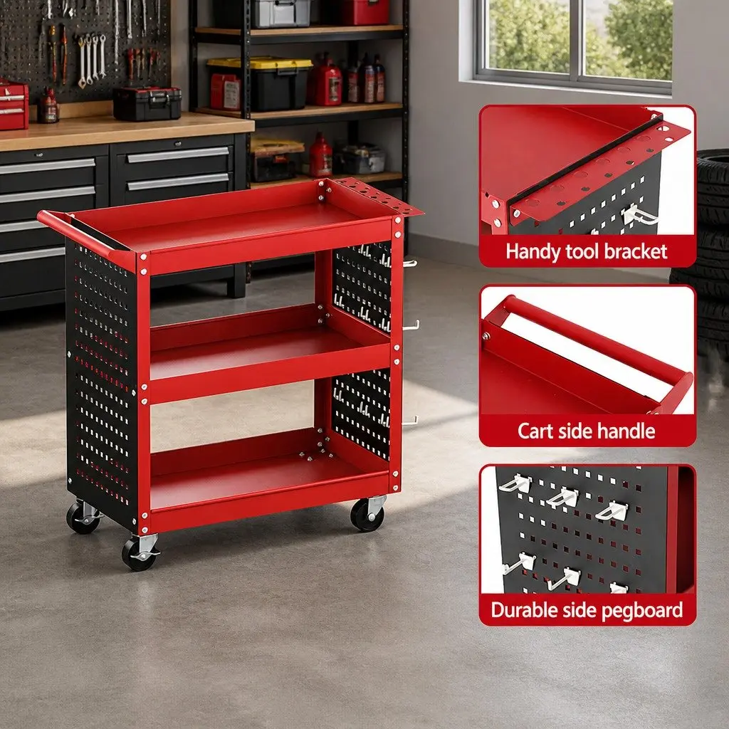 3-Tier Tool Cart Storage Trolley Workshop Garage Pegboard System Red Casters