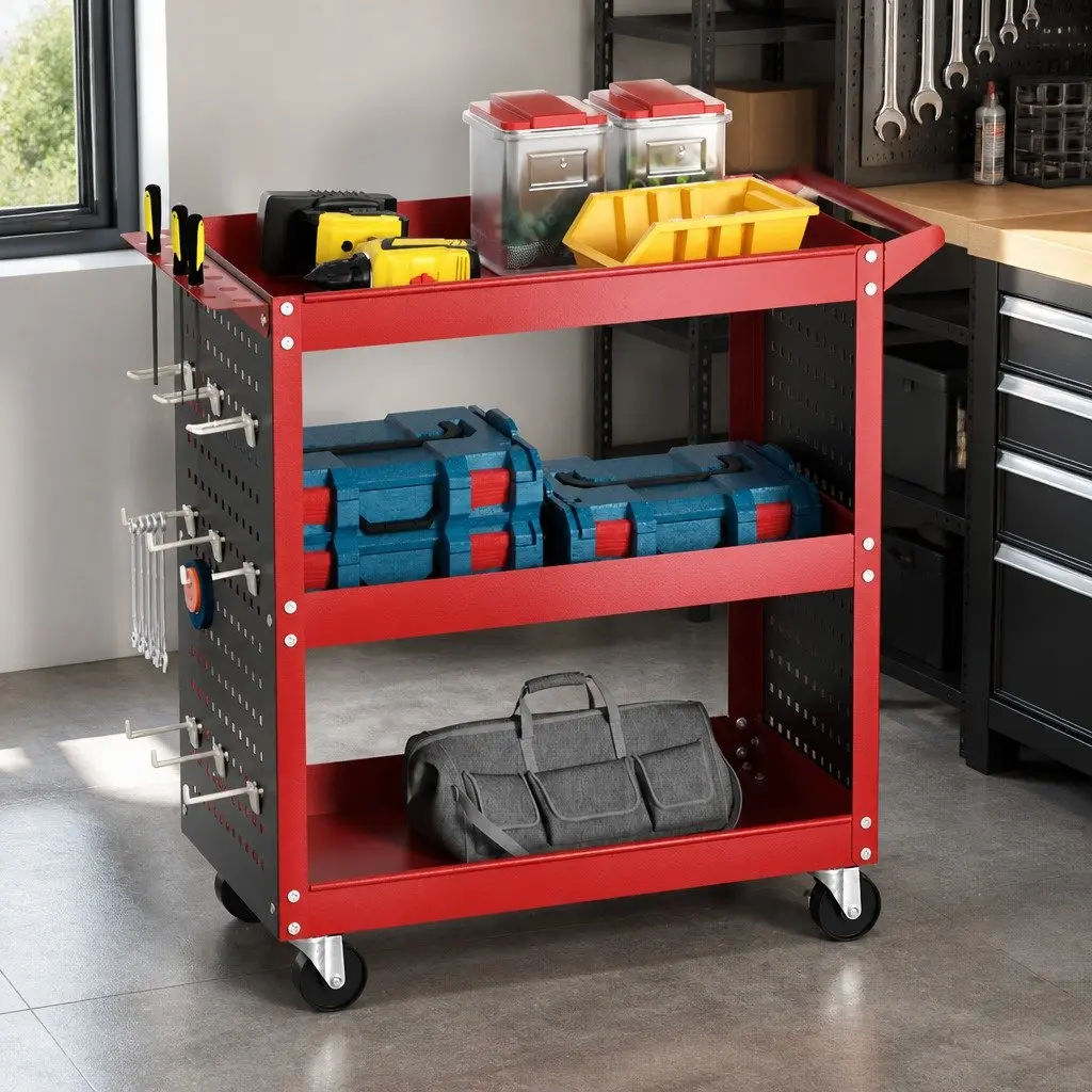 3-Tier Tool Cart Storage Trolley Workshop Garage Pegboard System Red Casters