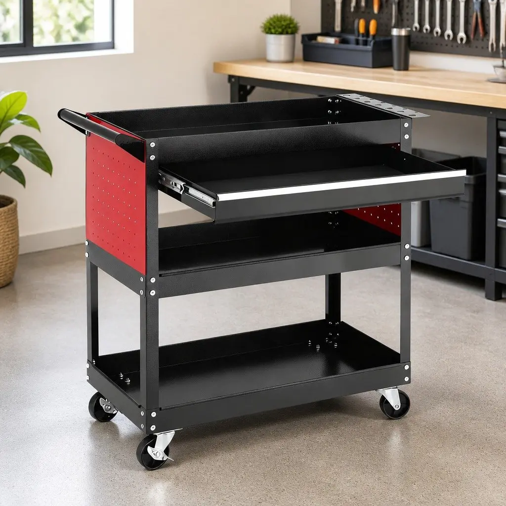 Tool Trolley Cart Rolling Cabinet with Drawers Mobile Workshop Storage Organizer Black Red 83x78x35cm