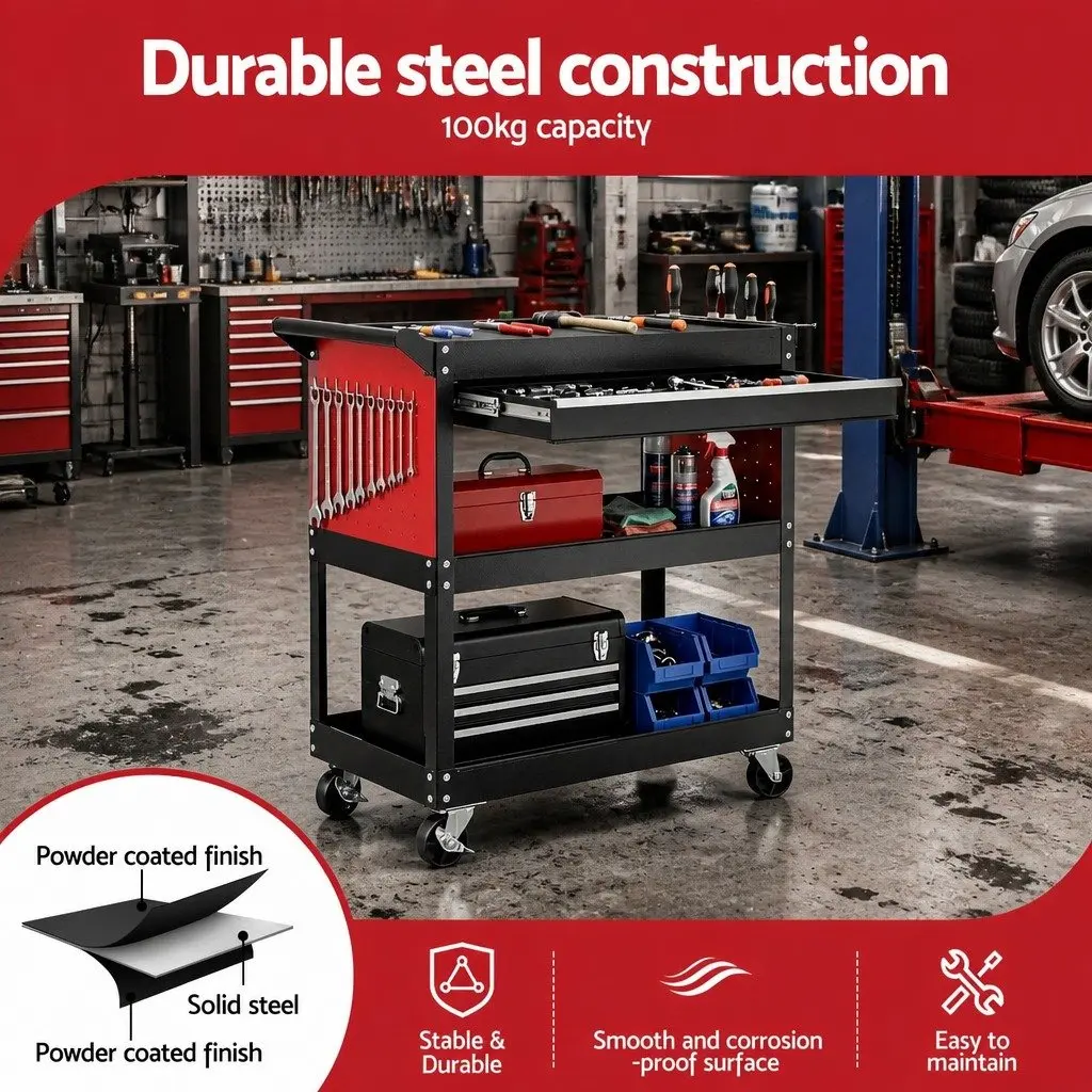Tool Trolley Cart Rolling Cabinet with Drawers Mobile Workshop Storage Organizer Black Red 83x78x35cm