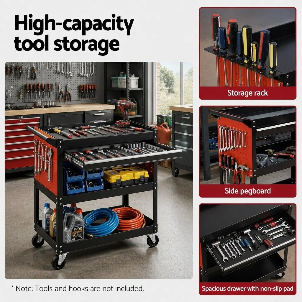 Tool Trolley Cart Rolling Cabinet with Drawers Mobile Workshop Storage Organizer Black Red 83x78x35cm