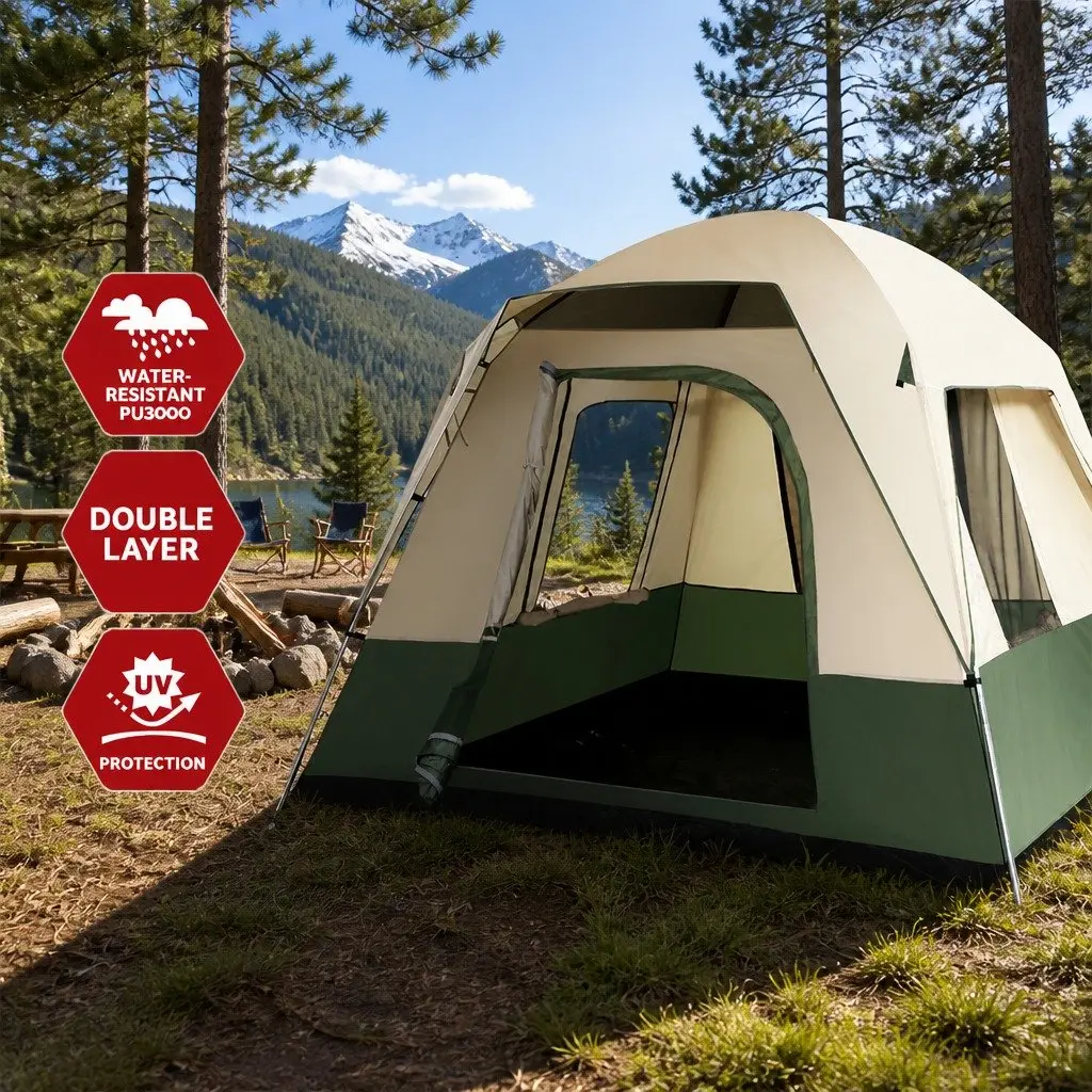 4 Person Camping Tent Water Resistant Green Polyester 255cm x 253cm x 193cm