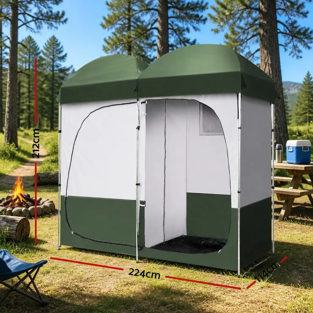 Double Camping Shower Toilet Tent Portable Change Room Green 224 x 114 x 212 cm