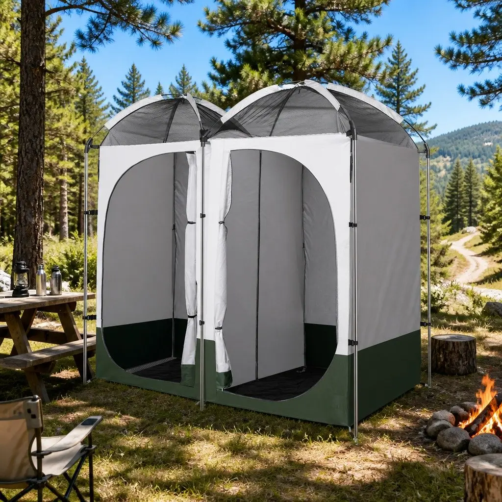 Double Camping Shower Toilet Tent Portable Change Room Green 224 x 114 x 212 cm