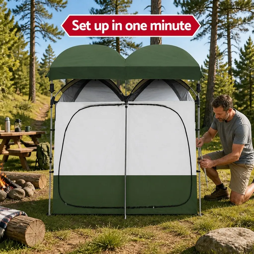 Double Camping Shower Toilet Tent Portable Change Room Green 224 x 114 x 212 cm