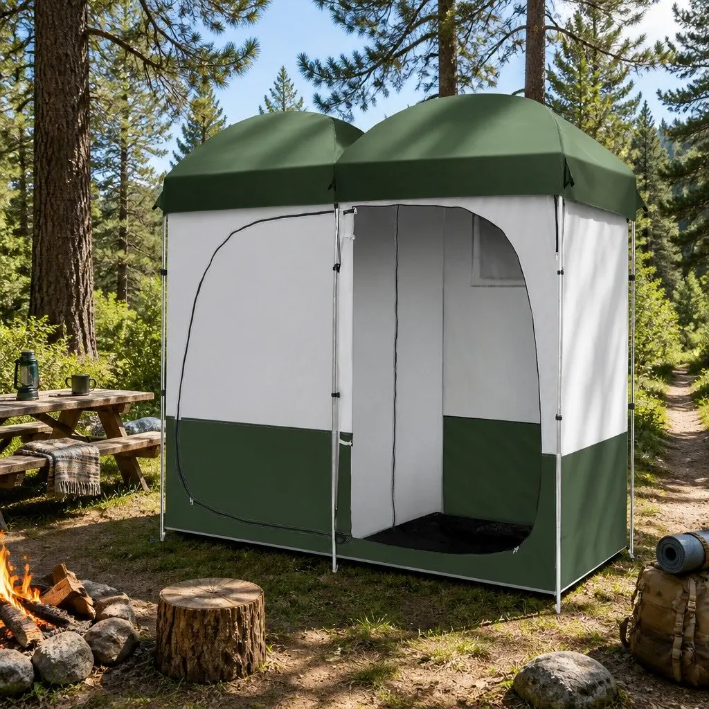 Double Camping Shower Toilet Tent Portable Change Room Green 224 x 114 x 212 cm
