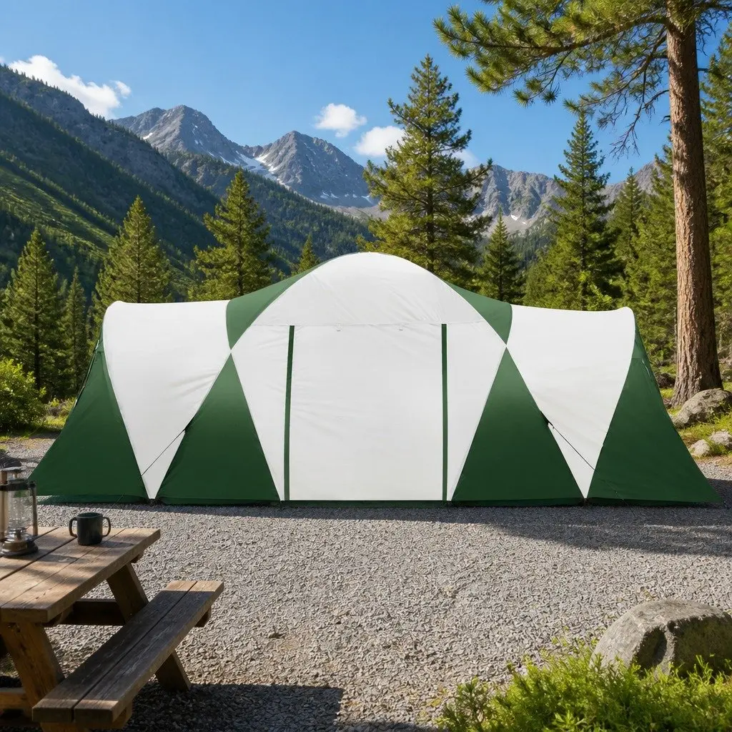 12 Person Dome Camping Tent Green 3 Room Family Hiking Outdoor Shelter