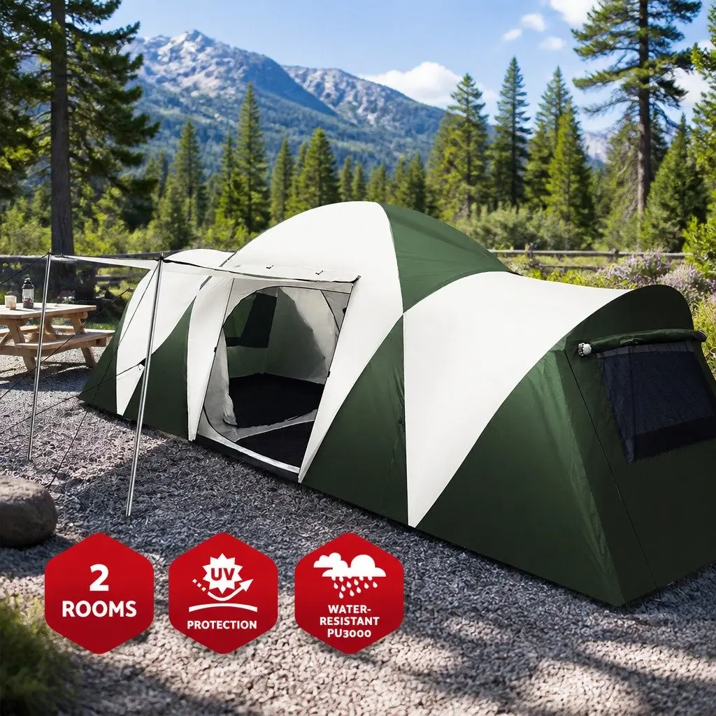 12 Person Dome Camping Tent Green 3 Room Family Hiking Outdoor Shelter