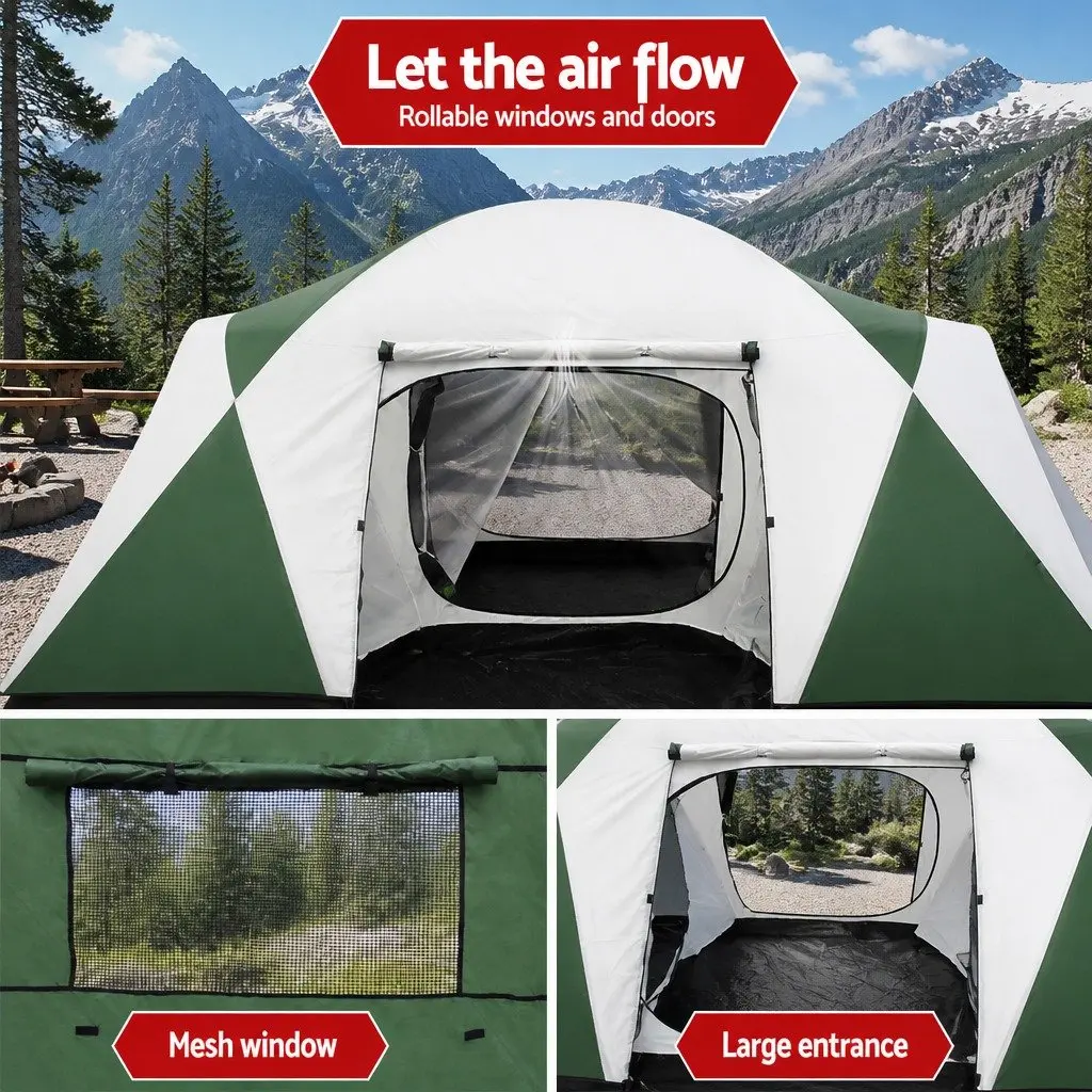 12 Person Dome Camping Tent Green 3 Room Family Hiking Outdoor Shelter