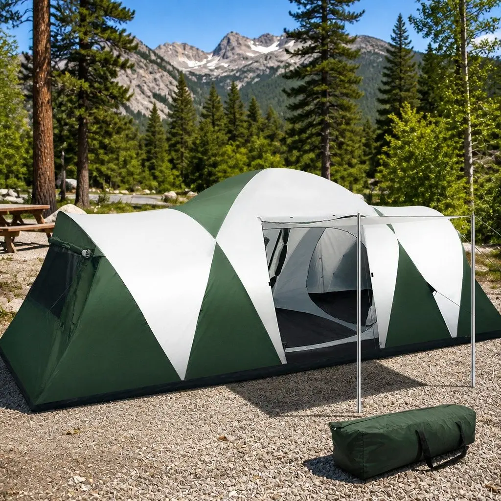 12 Person Dome Camping Tent Green 3 Room Family Hiking Outdoor Shelter
