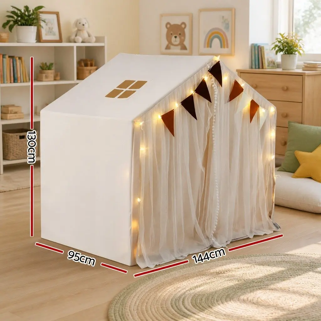 Kids Play Tent Playhouse Star Lights Windows Flag 144x95cm Indoor Cubby House