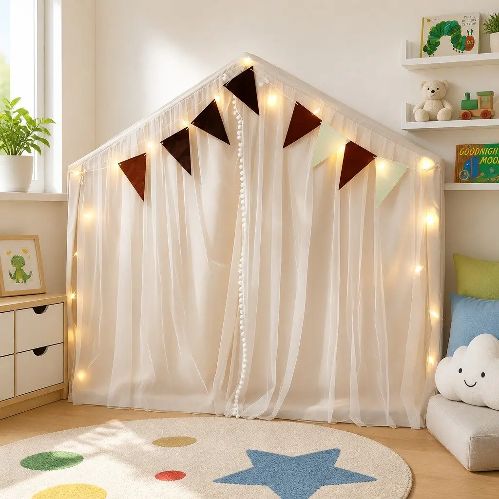 Kids Play Tent Playhouse Star Lights Windows Flag 144x95cm Indoor Cubby House