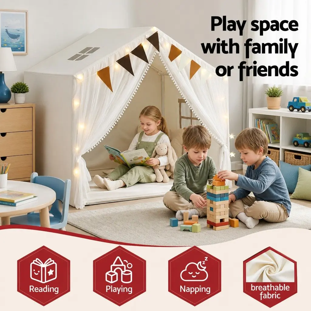 Kids Play Tent Playhouse Star Lights Windows Flag 144x95cm Indoor Cubby House