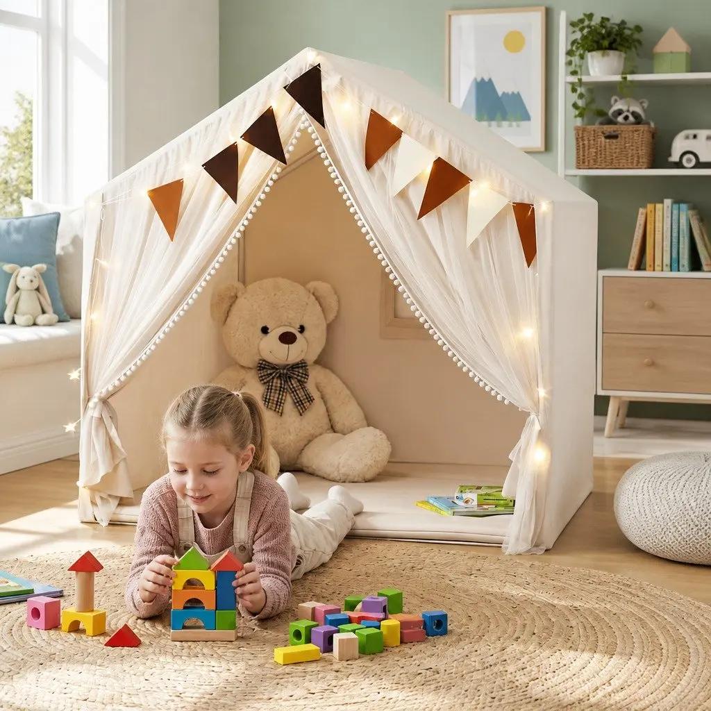 Kids Play Tent Playhouse Star Lights Windows Flag 144x95cm Indoor Cubby House