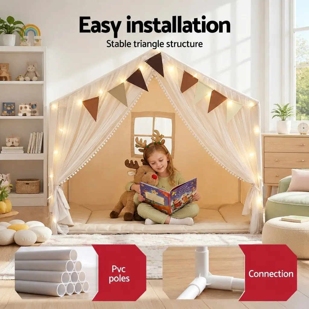 Kids Play Tent Playhouse Star Lights Windows Flag 144x95cm Indoor Cubby House