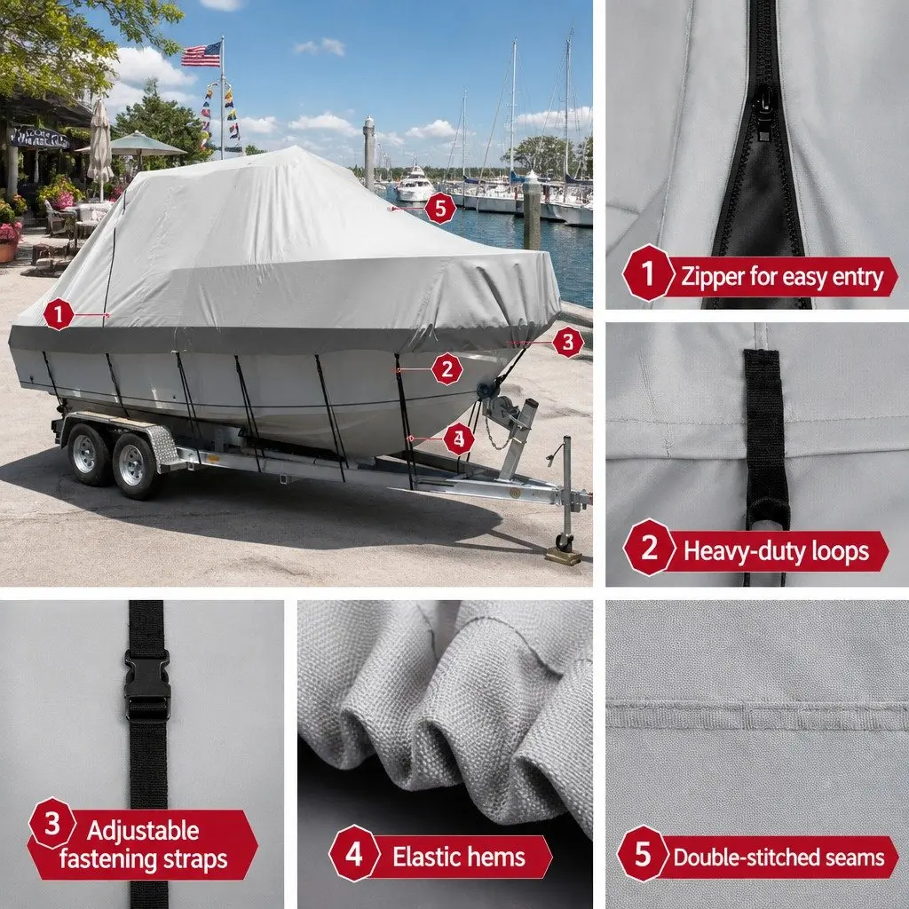 Boat Cover for 17-19ft Trailerable Jumbo 600D Marine Heavy Duty Protection Grey