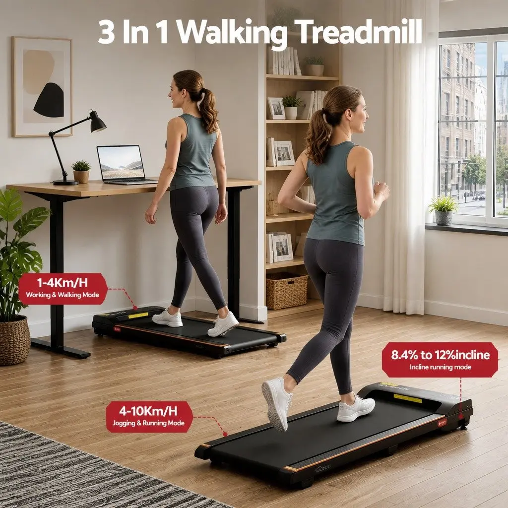 3 in 1 Treadmill Compact Under Desk Walking Pad 90 x 38 cm with 12% Incline for Home Gym Fitness