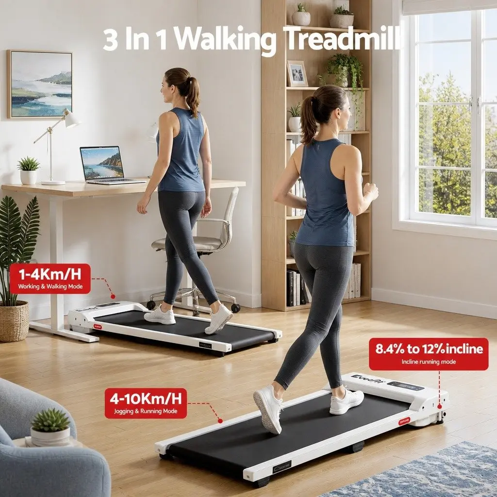 Walking Pad Treadmill 3-in-1 Under Desk Home Gym 12% Incline 38cm Belt White