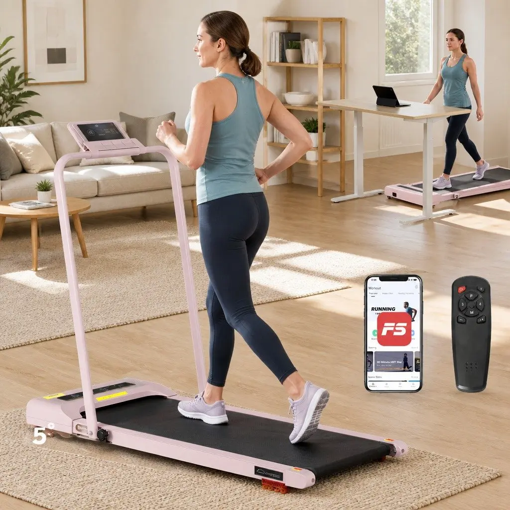Electric Walking Pad Treadmill Compact Foldable Under Desk 380mm Pink Incline