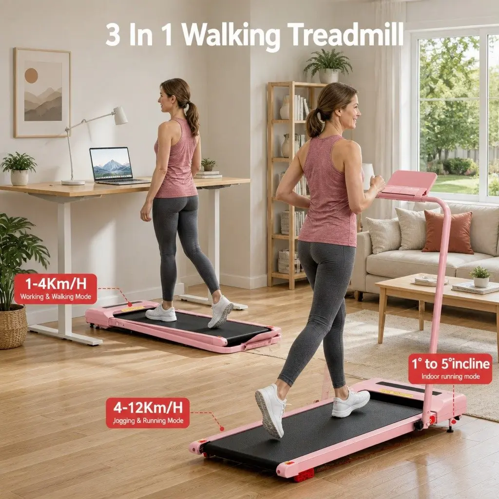 Electric Walking Pad Treadmill Compact Foldable Under Desk 380mm Pink Incline