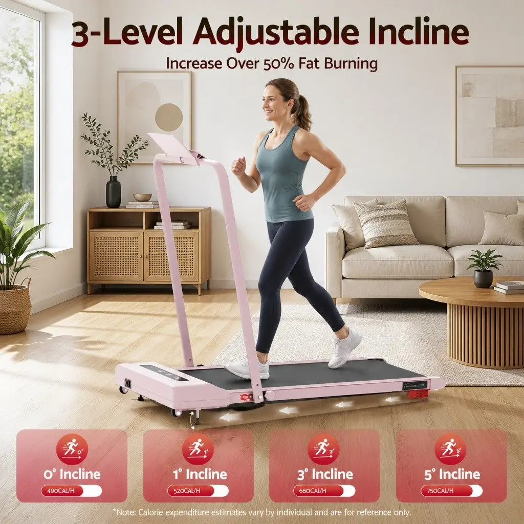 Electric Walking Pad Treadmill Compact Foldable Under Desk 380mm Pink Incline