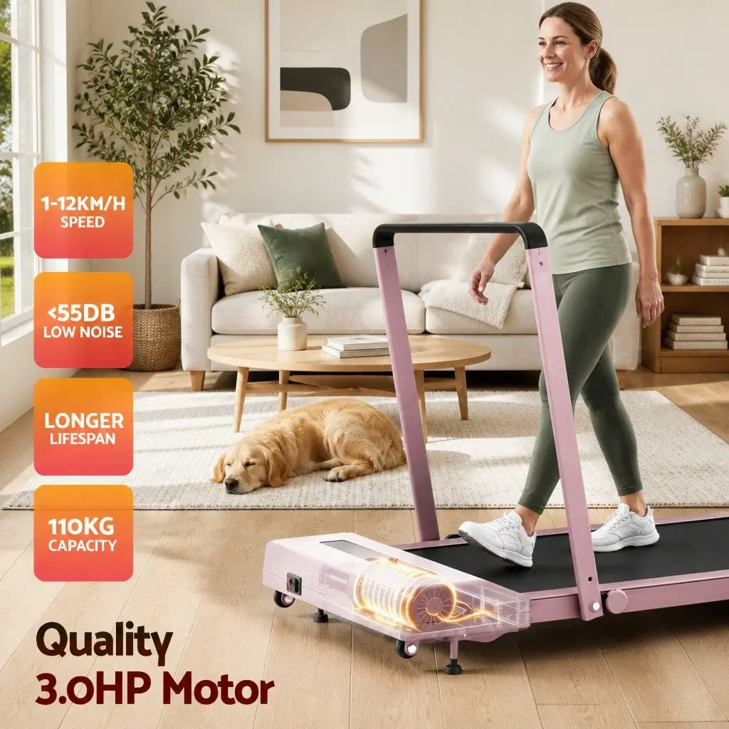 Electric Walking Pad Treadmill Compact Foldable Under Desk 380mm Pink Incline