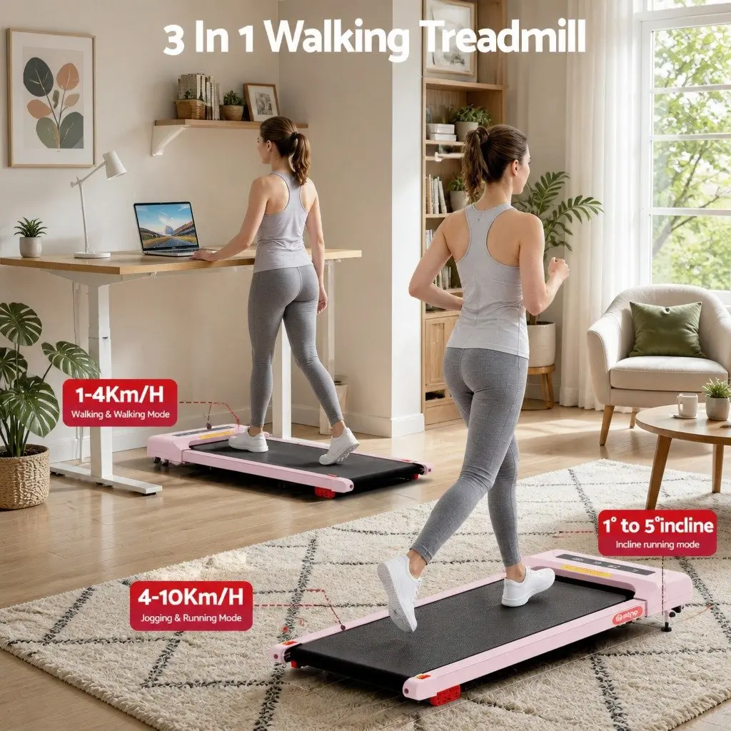 Electric Treadmill Compact Under Desk Pink with Adjustable Incline and Quiet Motor