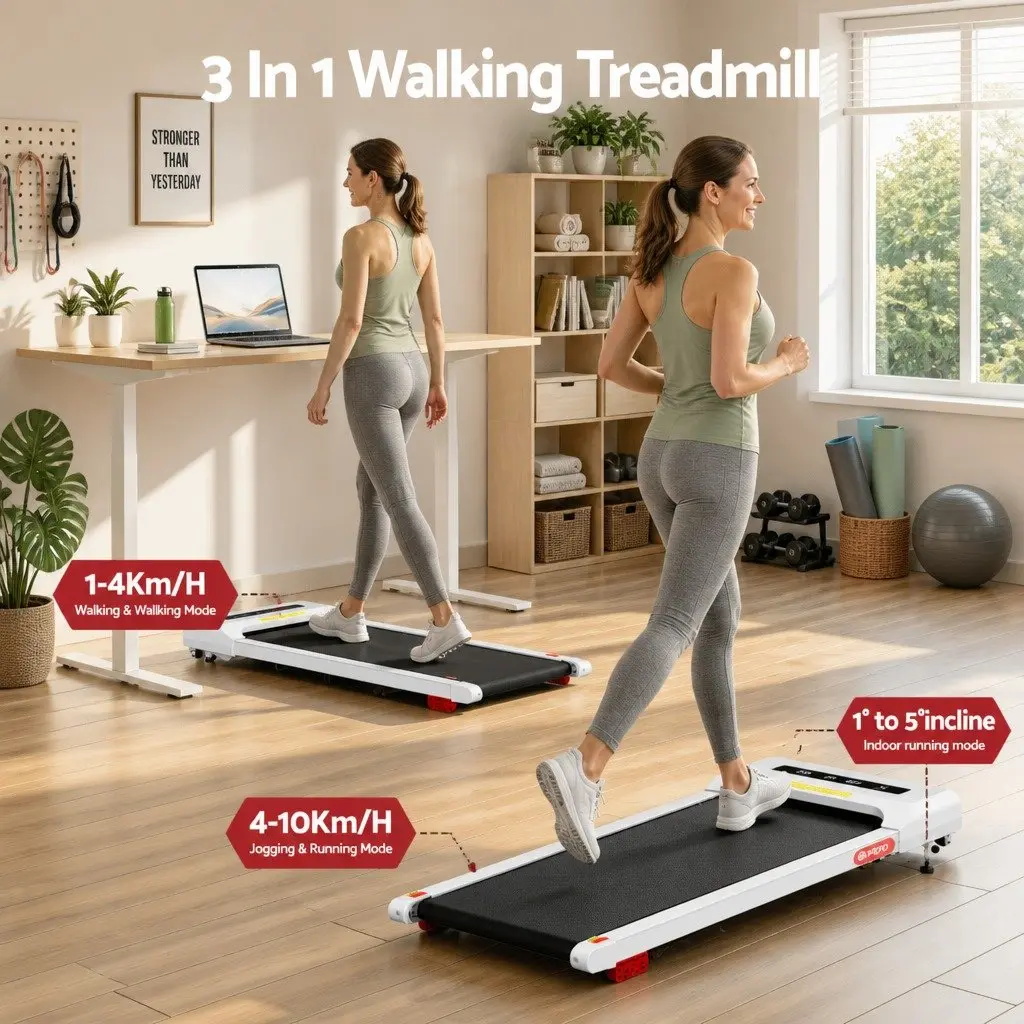 Electric Walking Pad Treadmill Incline Compact Under Desk 380mm White